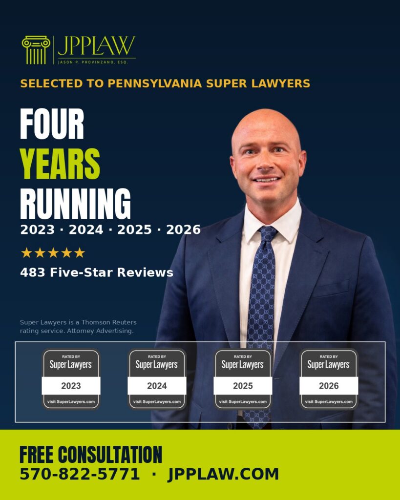 Jason P. Provinzano selected to Pennsylvania Super Lawyers 2026, four consecutive years 2023-2026 — JPPLAW Wilkes-Barre bankruptcy and personal injury attorney, 483 five-star reviews