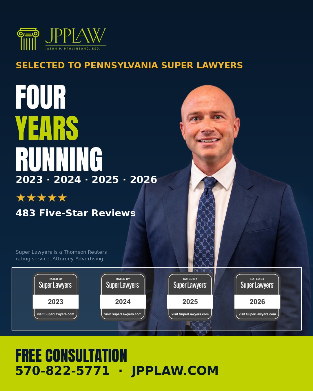 Jason P. Provinzano selected to Pennsylvania Super Lawyers 2026, four consecutive years 2023-2026 — JPPLAW Wilkes-Barre bankruptcy and personal injury attorney, 483 five-star reviews
