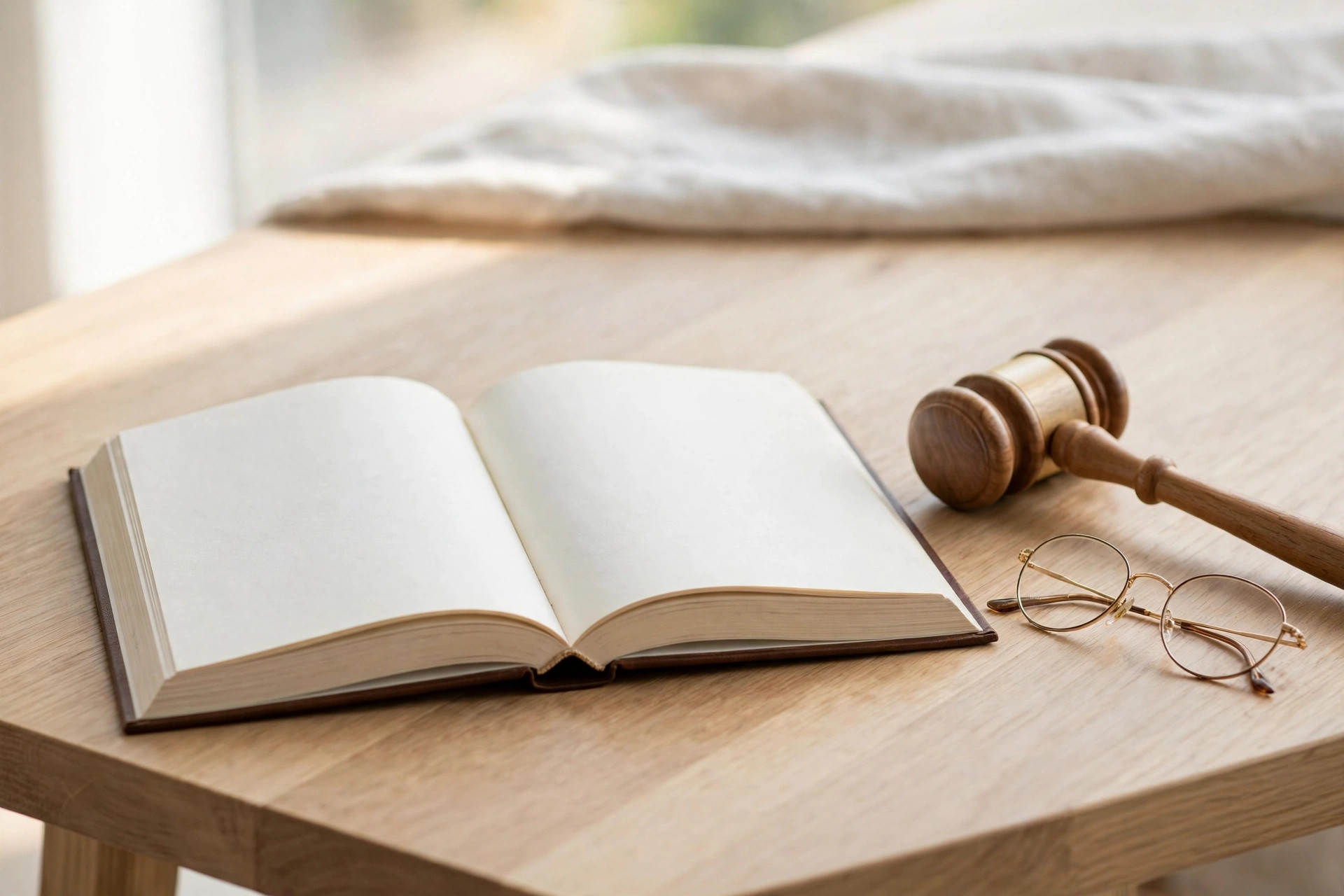 An open law book with a gavel and reading glasses on a wooden desk