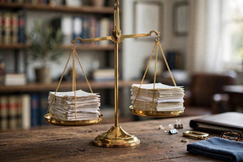 A brass balance scale weighing stacks of documents on a desk