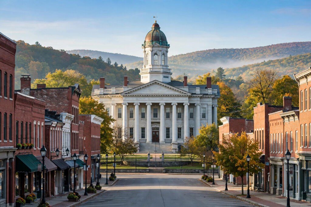 A county courthouse with white columns at the end of a brick main street in Northeastern Pennsylvania
