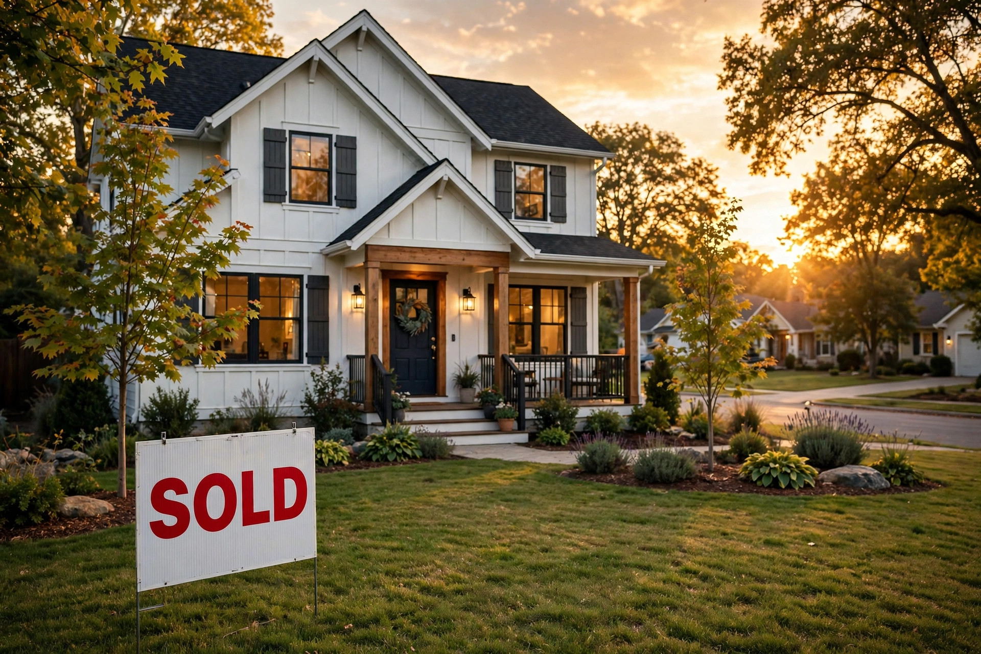 A SOLD sign in front of a suburban home at golden hour
