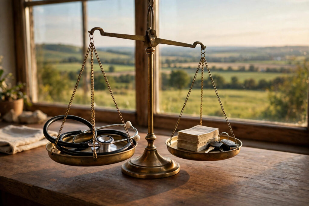 A brass balance scale weighing a stethoscope against bills and car keys