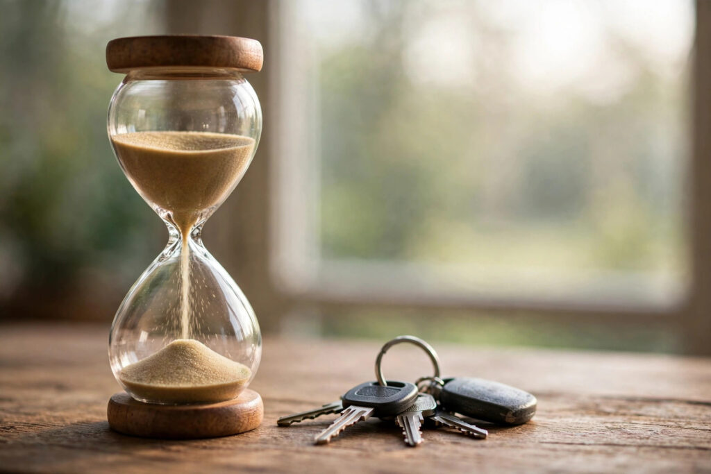 An hourglass beside a set of car keys on a wooden table