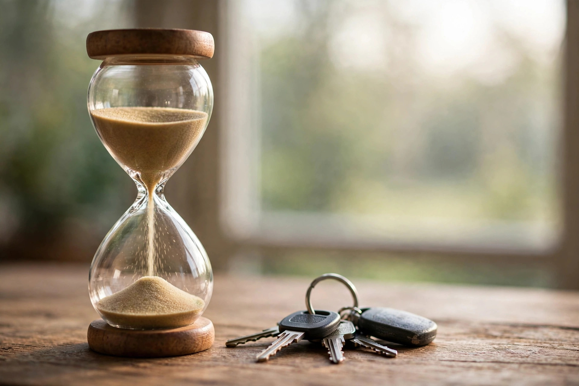 An hourglass beside a set of car keys on a wooden table