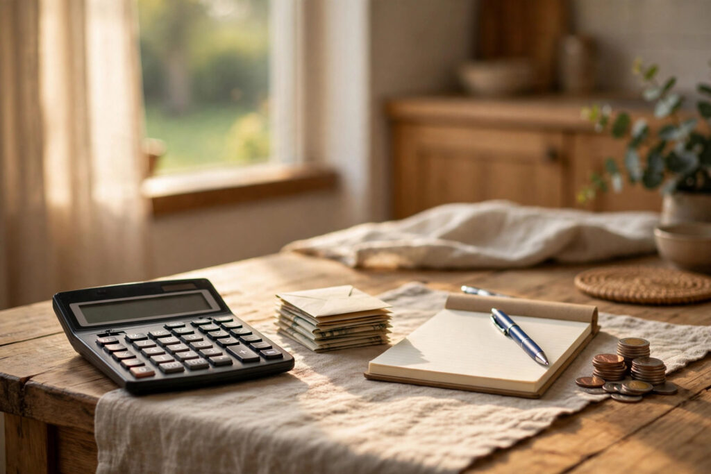 A kitchen table with a calculator, bills, a notepad and coins