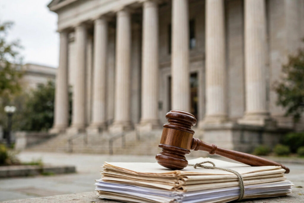 A judge's gavel on legal documents in front of courthouse columns