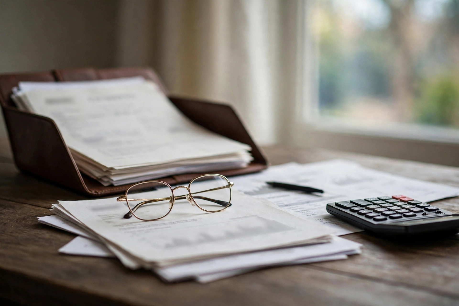 Financial paperwork, reading glasses and a calculator on a desk