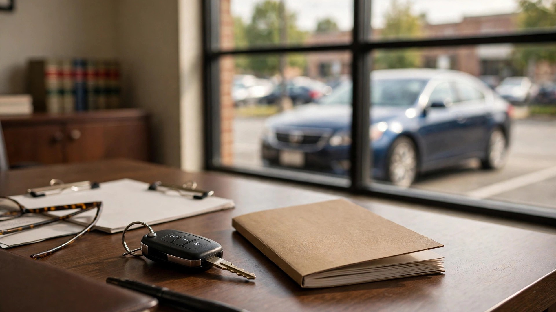 Car keys and an auto loan booklet on an attorney's desk with a sedan outside the window — Credit Acceptance repossession and settlement guide for Pennsylvania borrowers