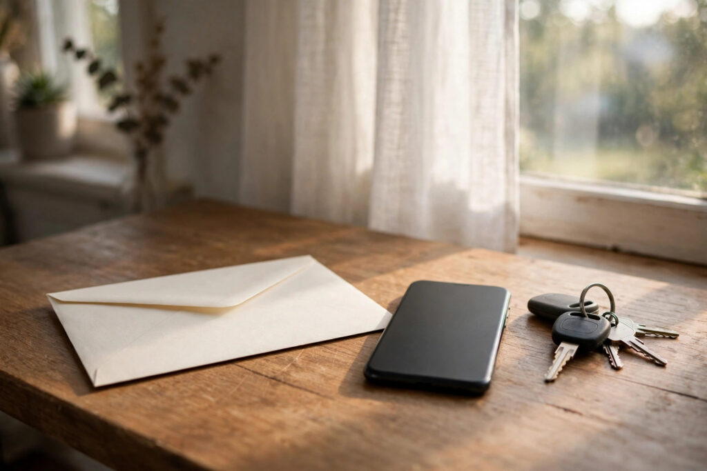 A sealed envelope, a phone face-down, and car keys on a wooden table
