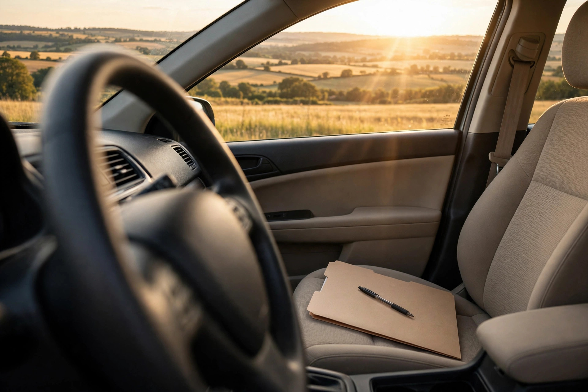 A policy folder and pen on the passenger seat of a car at sunset