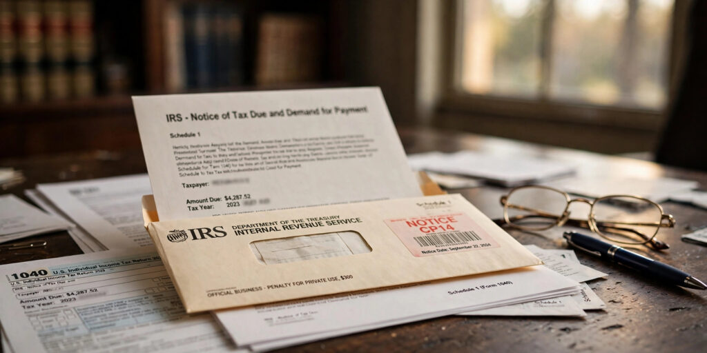 IRS Notice CP14 tax due letter and Form 1040 on an attorney's desk — can bankruptcy wipe out tax debt