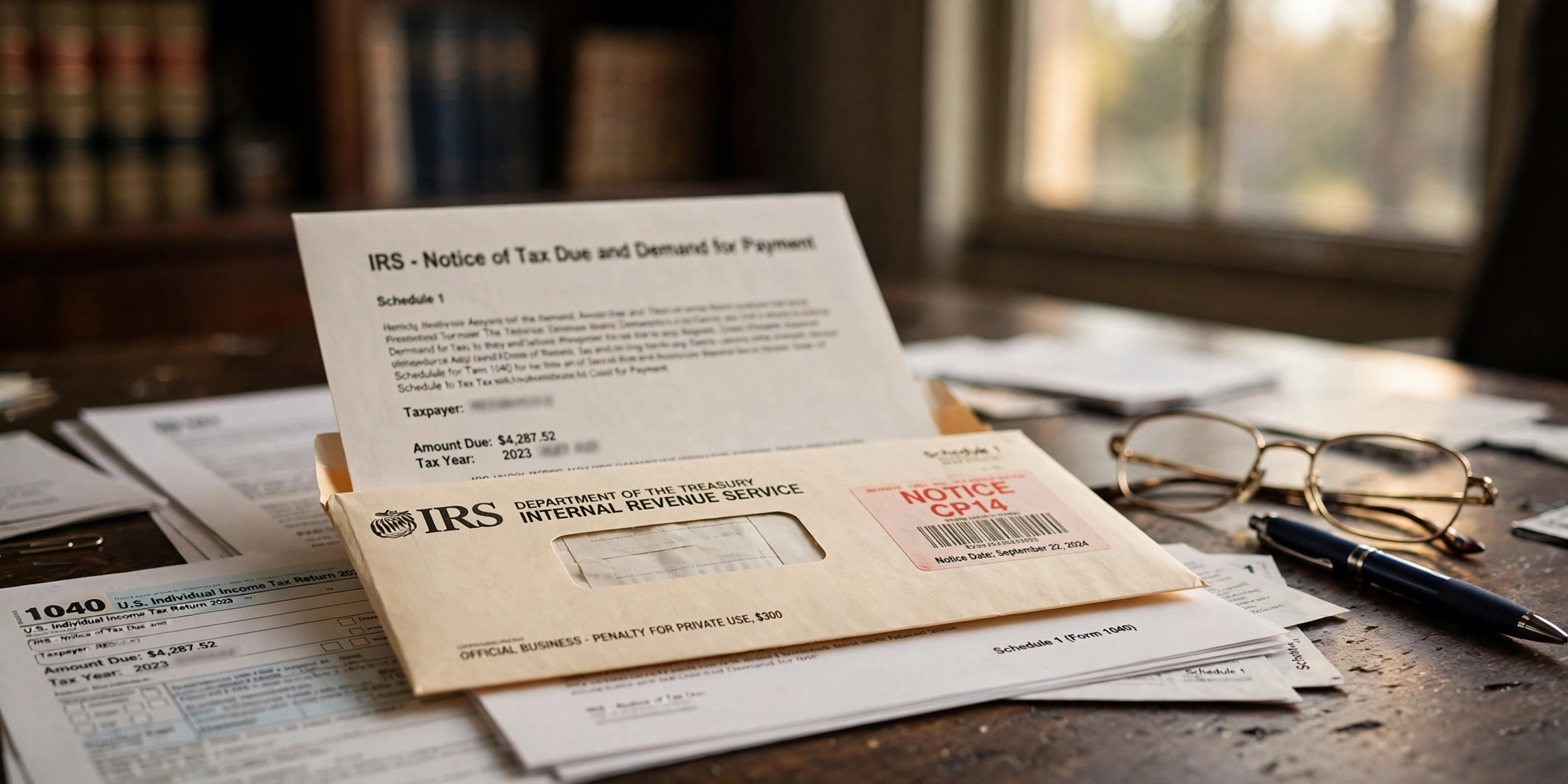 IRS Notice CP14 tax due letter and Form 1040 on an attorney's desk — can bankruptcy wipe out tax debt