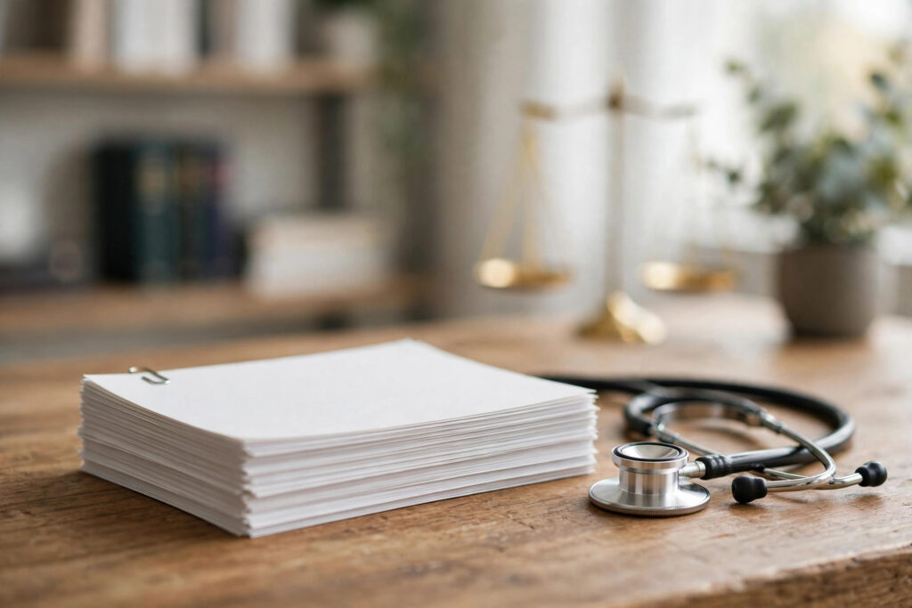 A stack of medical bills with a stethoscope on a desk