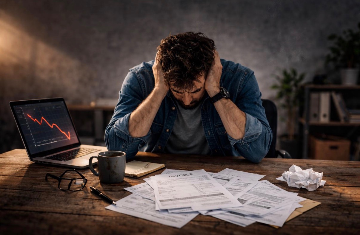 Business owner overwhelmed by merchant cash advance debt, invoices piling up on his desk as revenue falls — the MCA Trap