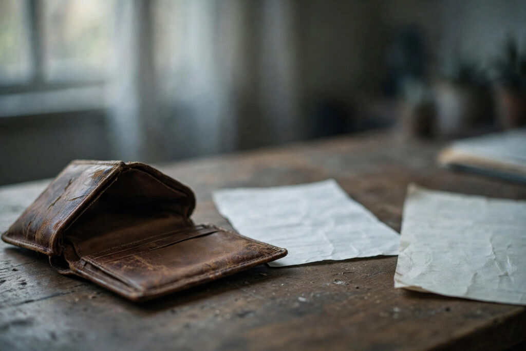 An empty leather wallet and crumpled papers on a wooden desk