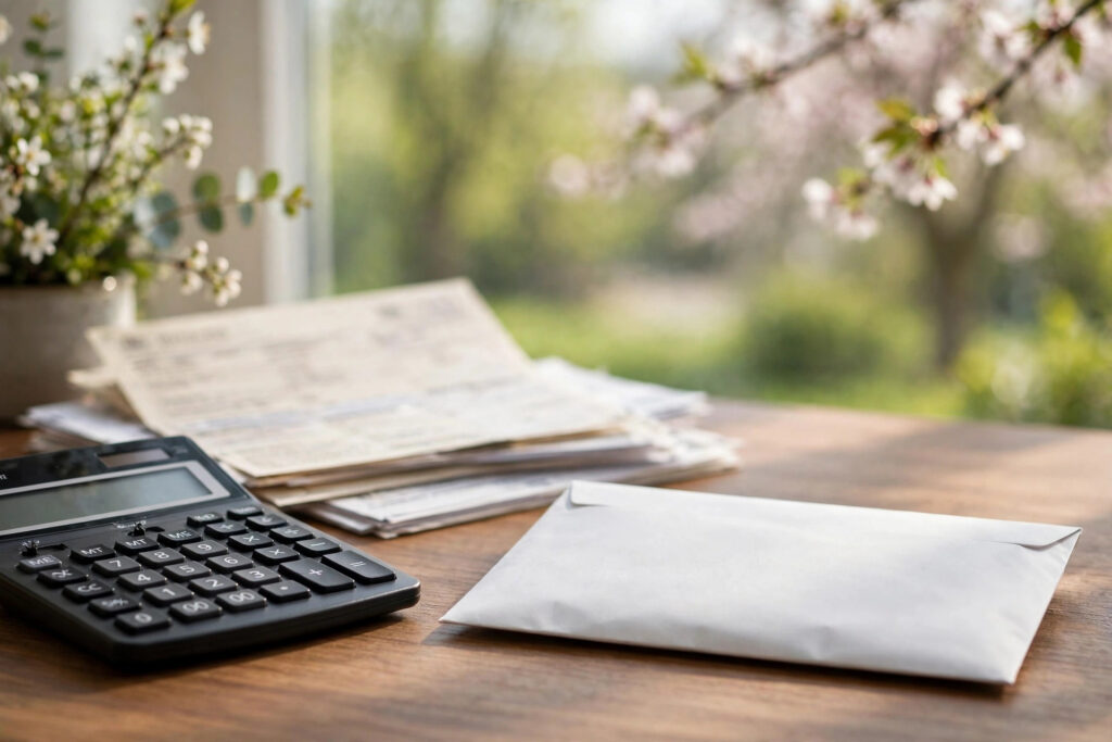 A sealed envelope and calculator beside tax forms on a desk