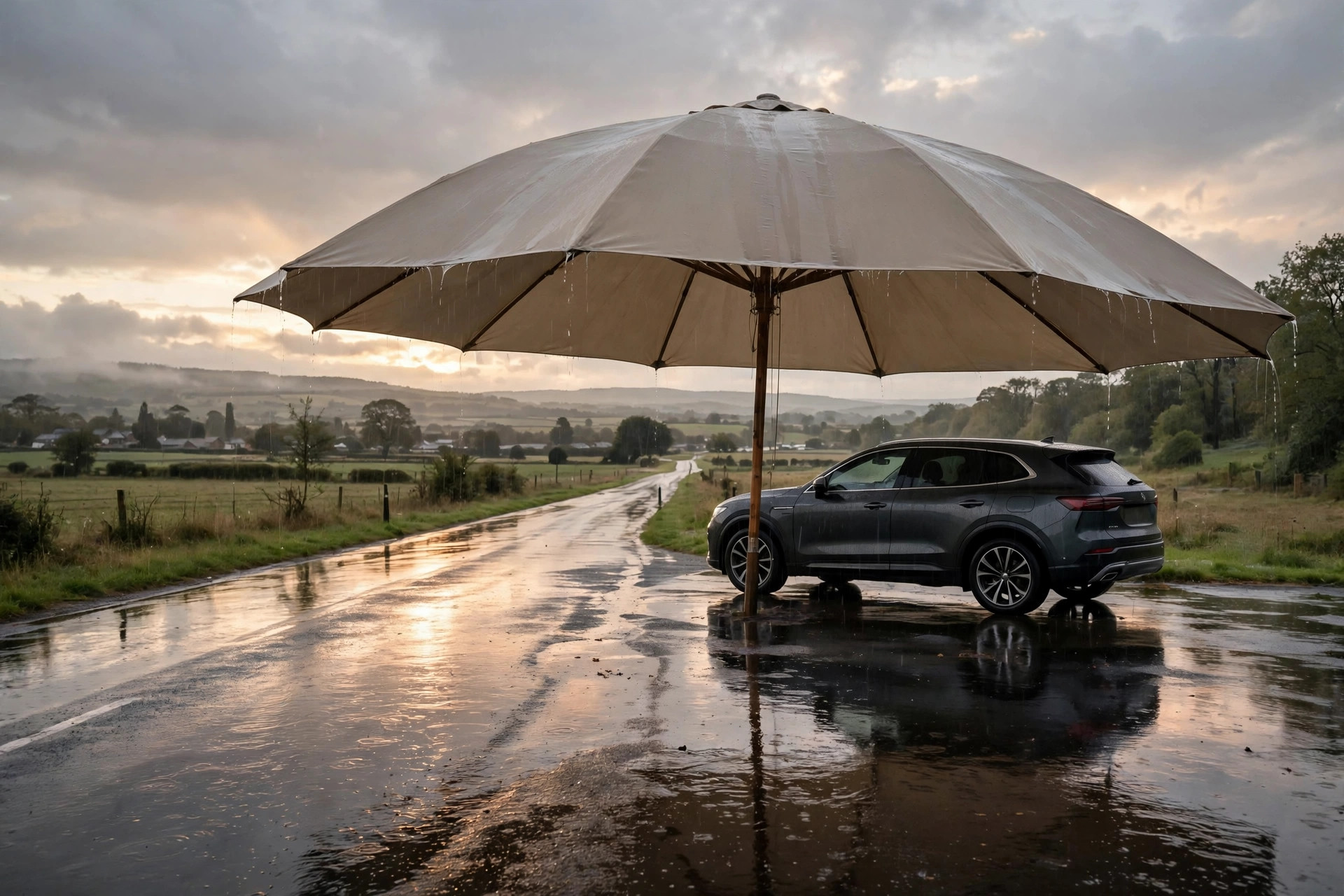 A large umbrella sheltering a car on a wet road in the rain