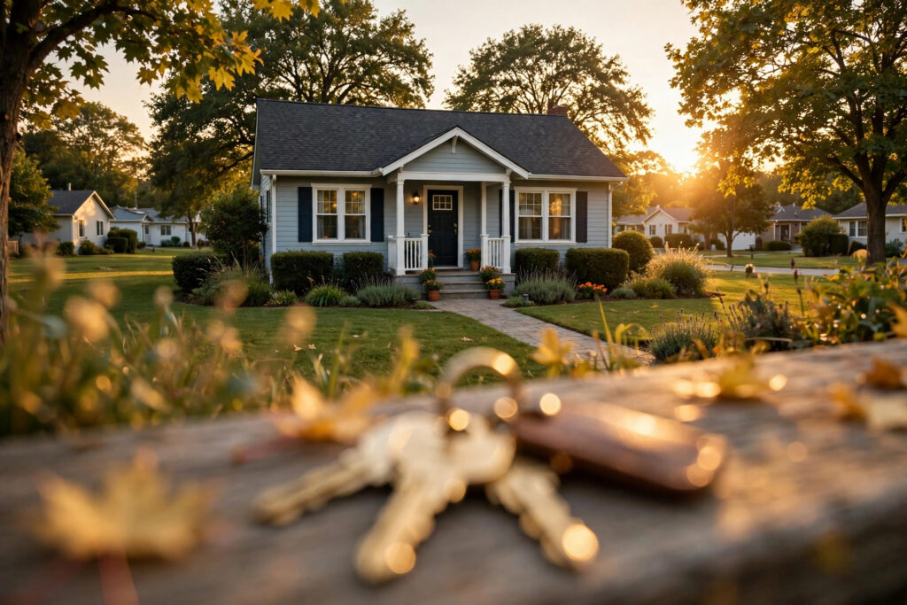 A family home at golden hour with house keys in the foreground