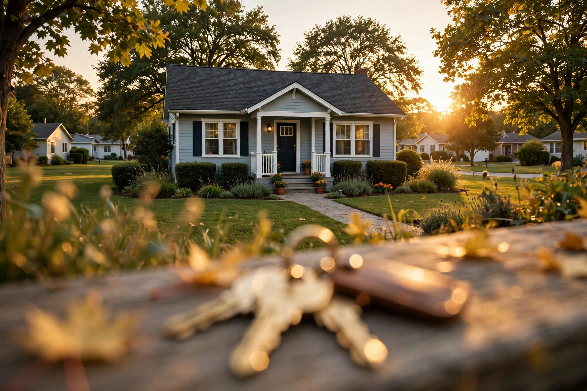 A family home at golden hour with house keys in the foreground